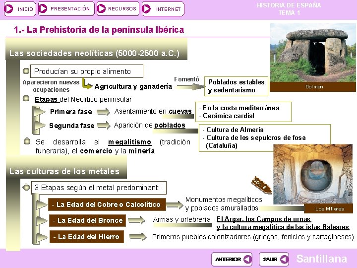 INICIO PRESENTACIÓN RECURSOS HISTORIA DE ESPAÑA TEMA 1 INTERNET 1. - La Prehistoria de
