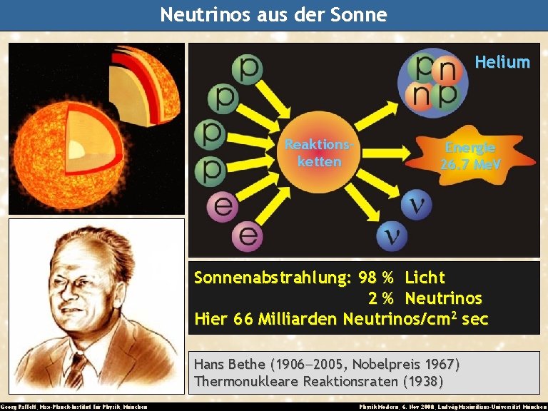 Neutrinos aus der Sonne Helium Reaktionsketten Energie 26. 7 Me. V Sonnenabstrahlung: 98 %