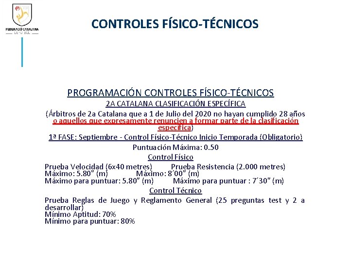 CONTROLES FÍSICO-TÉCNICOS PROGRAMACIÓN CONTROLES FÍSICO-TÉCNICOS 2 A CATALANA CLASIFICACIÓN ESPECÍFICA (Árbitros de 2 a