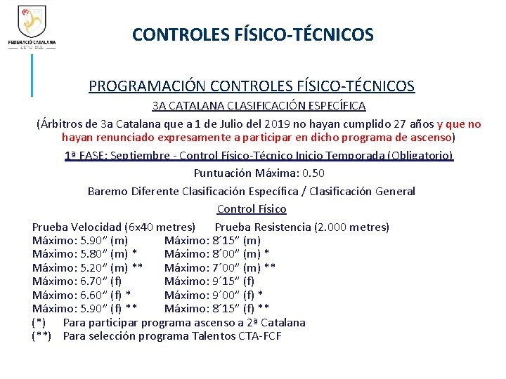CONTROLES FÍSICO-TÉCNICOS PROGRAMACIÓN CONTROLES FÍSICO-TÉCNICOS 3 A CATALANA CLASIFICACIÓN ESPECÍFICA (Árbitros de 3 a