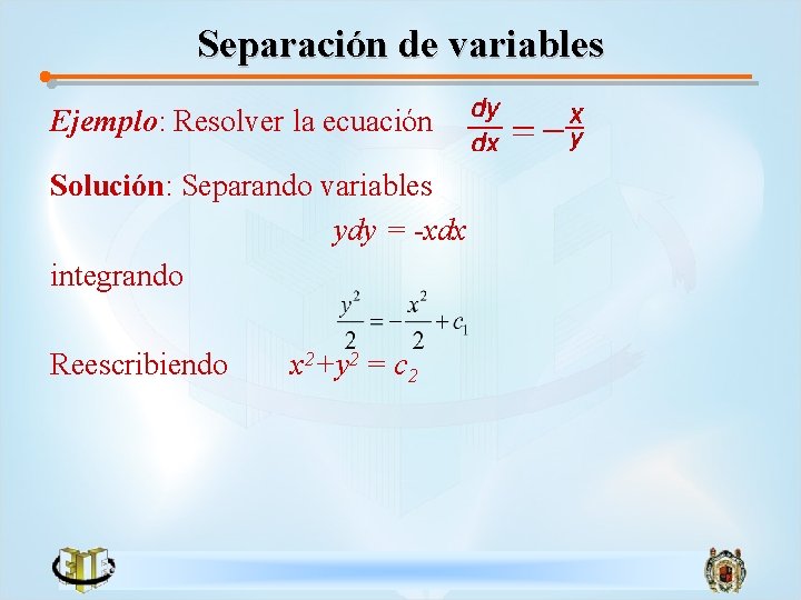 Separación de variables Ejemplo: Resolver la ecuación Solución: Separando variables ydy = -xdx integrando