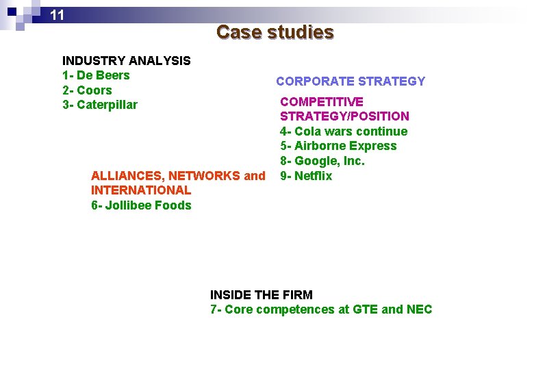 11 Case studies INDUSTRY ANALYSIS 1 - De Beers 2 - Coors 3 -