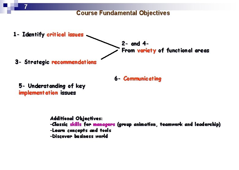 7 Course Fundamental Objectives 1 - Identify critical issues 2 - and 4 From