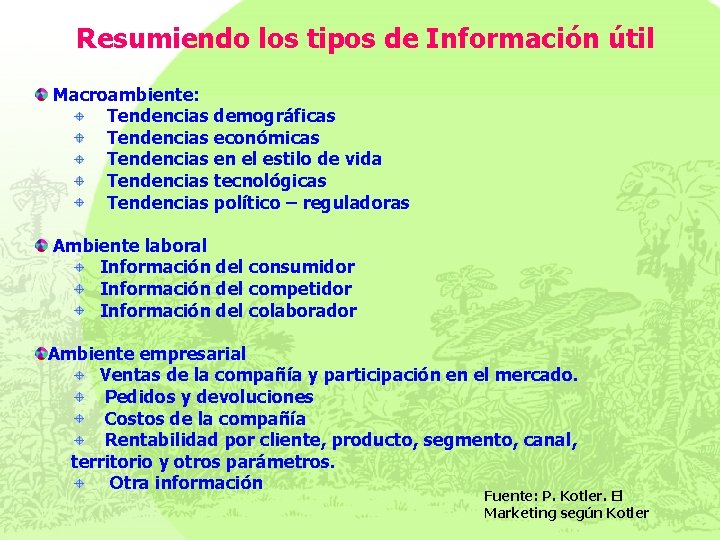 Resumiendo los tipos de Información útil Macroambiente: Tendencias demográficas Tendencias económicas Tendencias en el