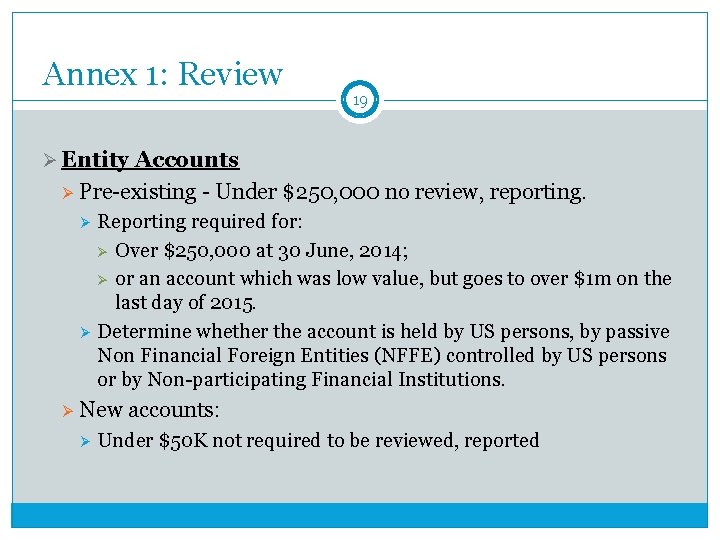 Annex 1: Review 19 Ø Entity Accounts Ø Pre-existing - Under $250, 000 no