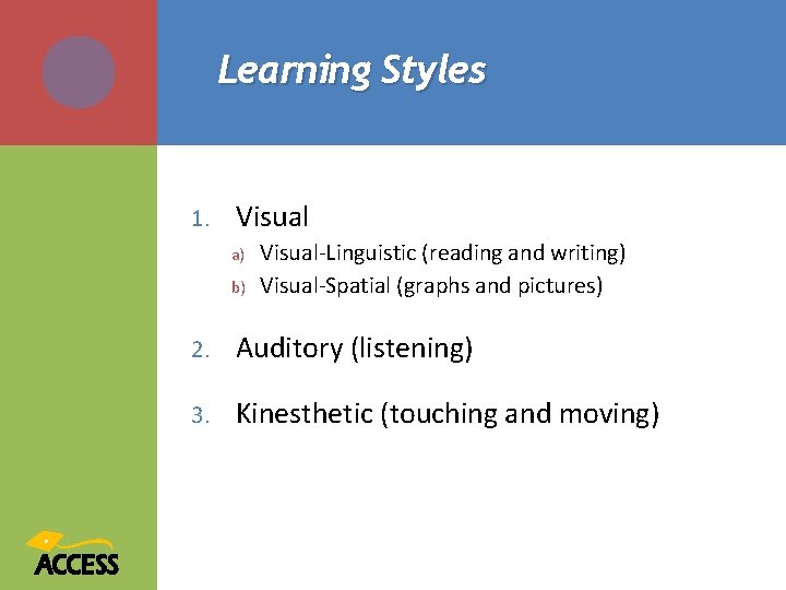Learning Styles 1. Visual a) b) Visual-Linguistic (reading and writing) Visual-Spatial (graphs and pictures)