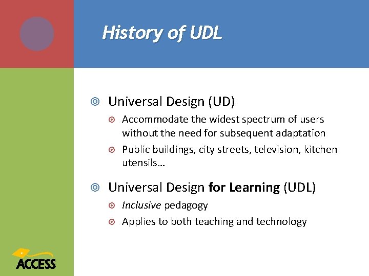 History of UDL Universal Design (UD) Accommodate the widest spectrum of users without the