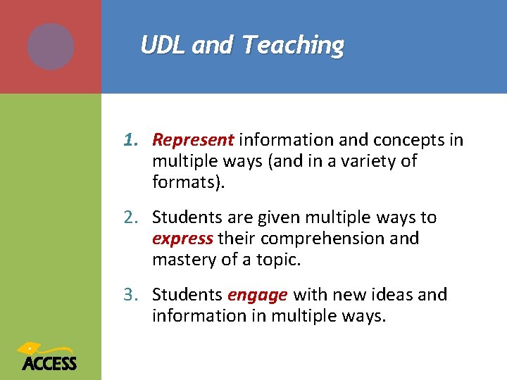 UDL and Teaching 1. Represent information and concepts in multiple ways (and in a