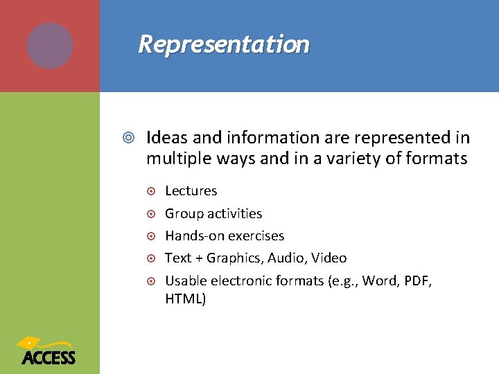 Representation Ideas and information are represented in multiple ways and in a variety of