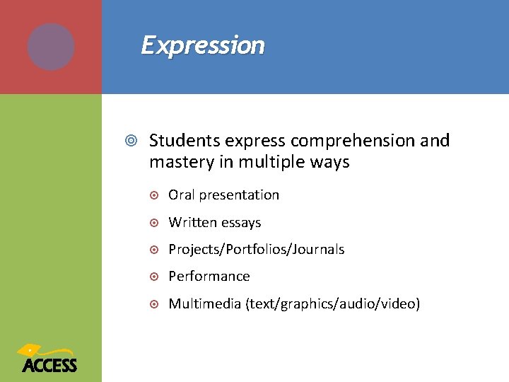 Expression Students express comprehension and mastery in multiple ways Oral presentation Written essays Projects/Portfolios/Journals