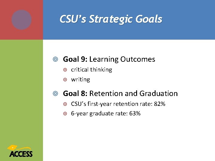 CSU’s Strategic Goals Goal 9: Learning Outcomes critical thinking writing Goal 8: Retention and