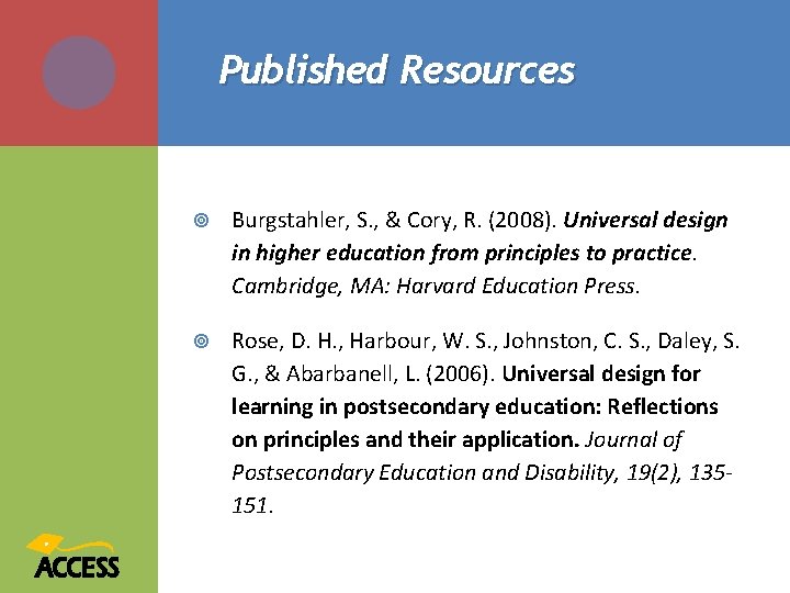 Published Resources Burgstahler, S. , & Cory, R. (2008). Universal design in higher education