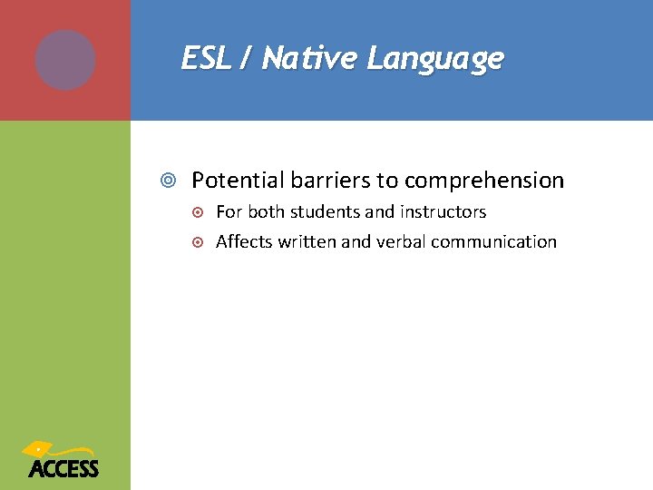 ESL / Native Language Potential barriers to comprehension For both students and instructors Affects