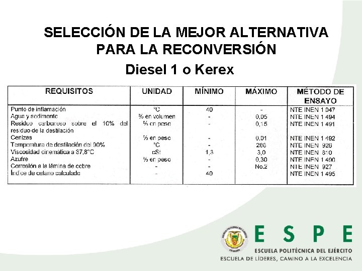 SELECCIÓN DE LA MEJOR ALTERNATIVA PARA LA RECONVERSIÓN Diesel 1 o Kerex 