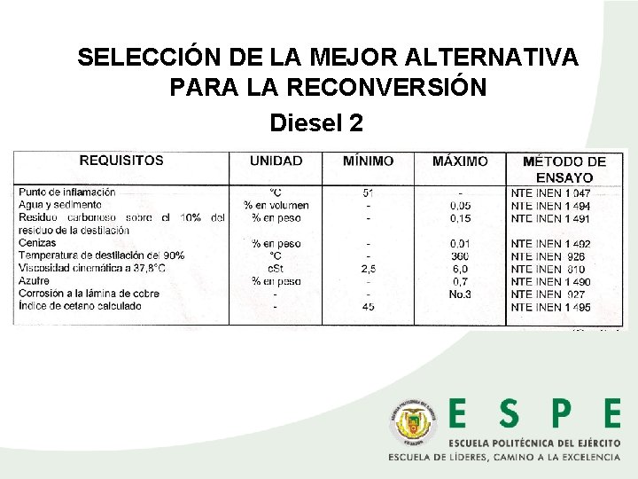 SELECCIÓN DE LA MEJOR ALTERNATIVA PARA LA RECONVERSIÓN Diesel 2 