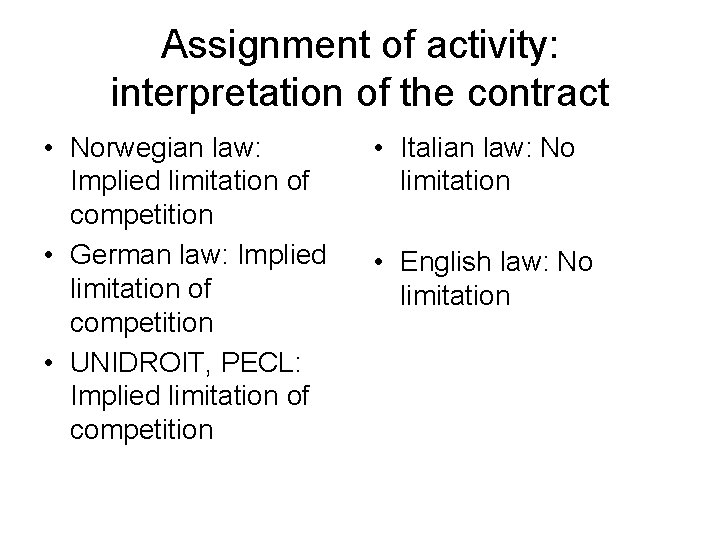 Assignment of activity: interpretation of the contract • Norwegian law: Implied limitation of competition