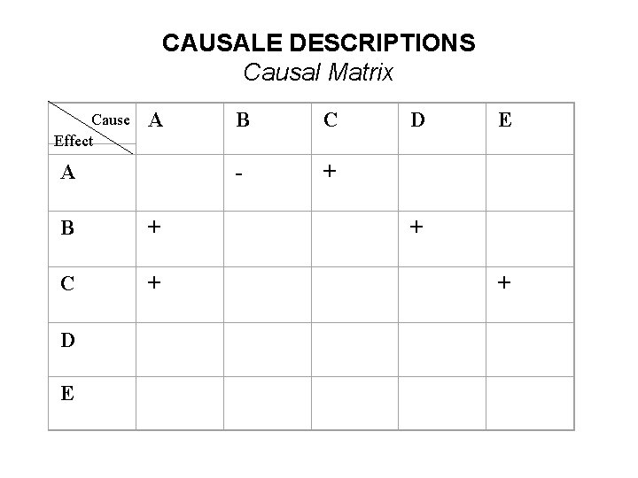 CAUSALE DESCRIPTIONS Causal Matrix A B C D E A - + B +