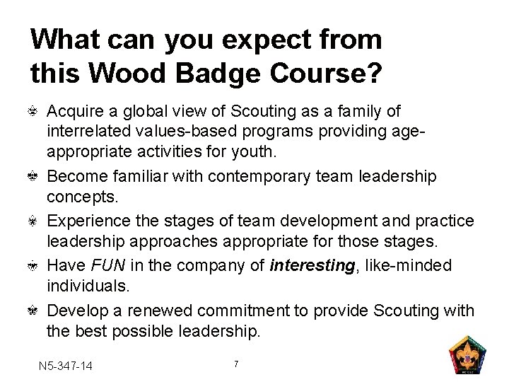 What can you expect from this Wood Badge Course? Acquire a global view of