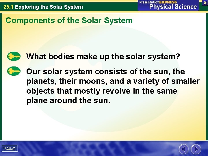 25. 1 Exploring the Solar System Components of the Solar System What bodies make