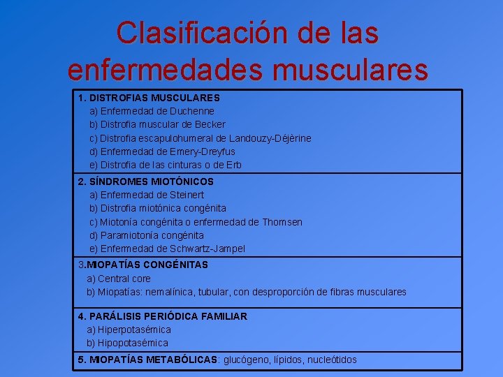 Clasificación de las enfermedades musculares 1. DISTROFIAS MUSCULARES a) Enfermedad de Duchenne b) Distrofia