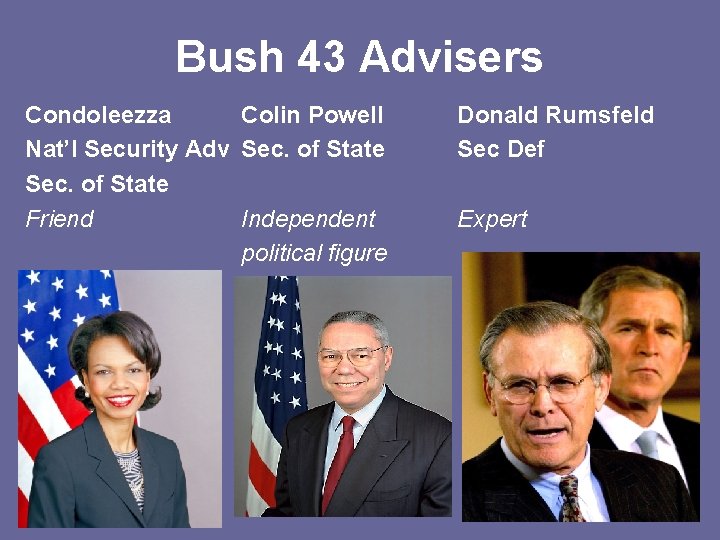 Bush 43 Advisers Condoleezza Colin Powell Nat’l Security Adv Sec. of State Friend Independent