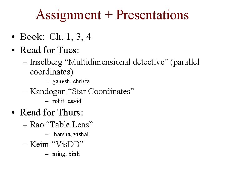 Assignment + Presentations • Book: Ch. 1, 3, 4 • Read for Tues: –