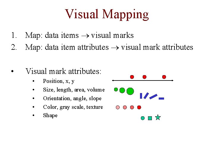 Visual Mapping 1. Map: data items visual marks 2. Map: data item attributes visual