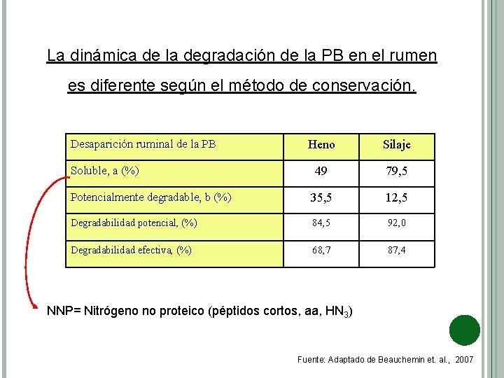 La dinámica de la degradación de la PB en el rumen es diferente según