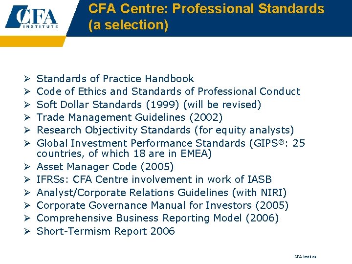 CFA Centre: Professional Standards (a selection) Ø Ø Ø Standards of Practice Handbook Code