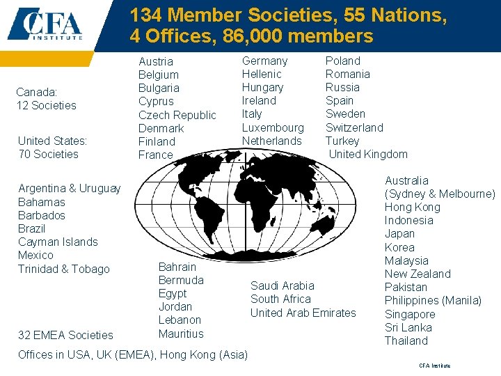 134 Member Societies, 55 Nations, 4 Offices, 86, 000 members Canada: 12 Societies United