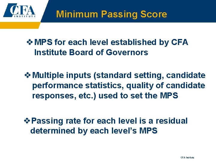 Minimum Passing Score v MPS for each level established by CFA Institute Board of