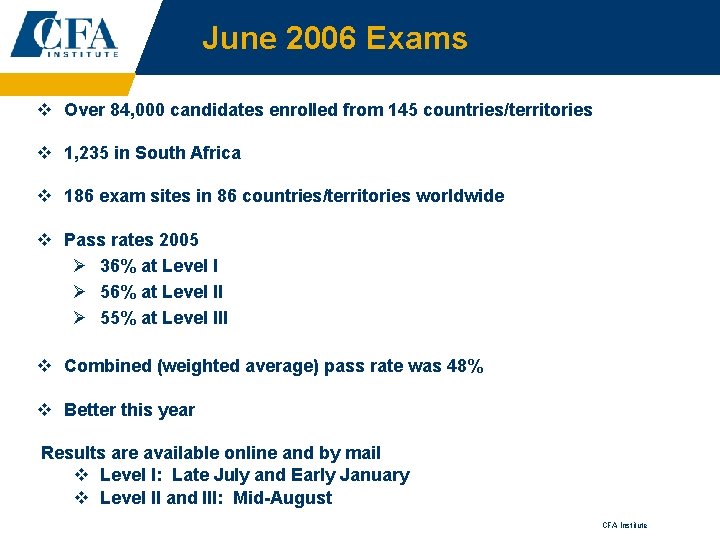 June 2006 Exams v Over 84, 000 candidates enrolled from 145 countries/territories v 1,