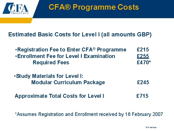 CFA® Programme Costs Estimated Basic Costs for Level I (all amounts GBP) • Registration