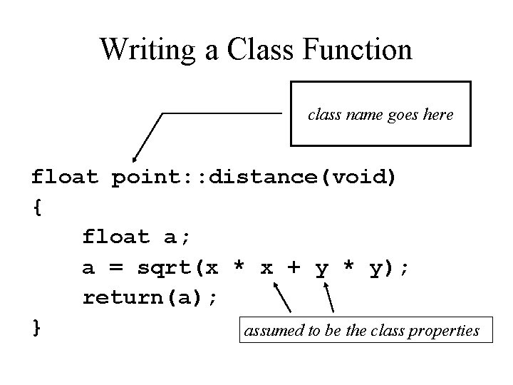 Writing a Class Function class name goes here float point: : distance(void) { float