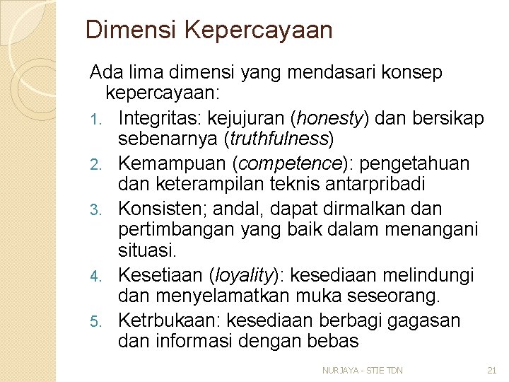 Dimensi Kepercayaan Ada lima dimensi yang mendasari konsep kepercayaan: 1. Integritas: kejujuran (honesty) dan