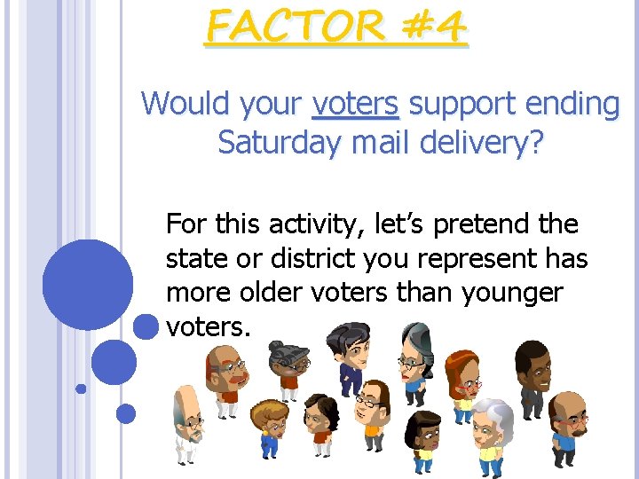 FACTOR #4 Would your voters support ending Saturday mail delivery? For this activity, let’s