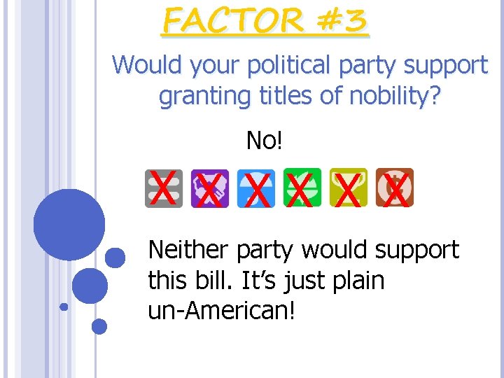 FACTOR #3 Would your political party support granting titles of nobility? No! X X