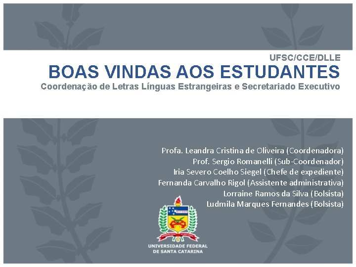 UFSC/CCE/DLLE BOAS VINDAS AOS ESTUDANTES Coordenação de Letras Línguas Estrangeiras e Secretariado Executivo Profa.