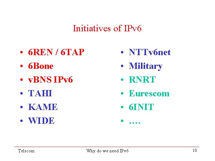 Initiatives of IPv 6 • • • 6 REN / 6 TAP 6 Bone