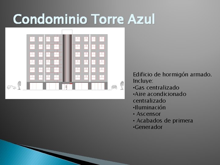 Condominio Torre Azul Edificio de hormigón armado. Incluye: • Gas centralizado • Aire acondicionado