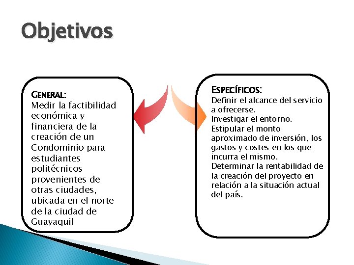 Objetivos GENERAL: Medir la factibilidad económica y financiera de la creación de un Condominio