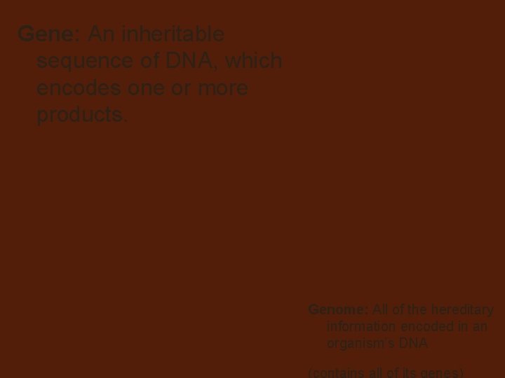 Gene: An inheritable sequence of DNA, which encodes one or more products. Genome: All