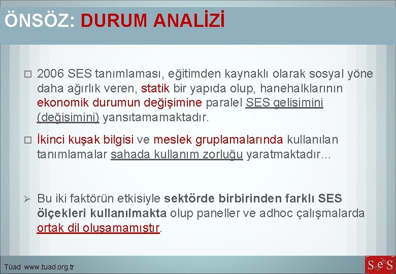 ÖNSÖZ: DURUM ANALİZİ 2006 SES tanımlaması, eğitimden kaynaklı olarak sosyal yöne daha ağırlık veren,