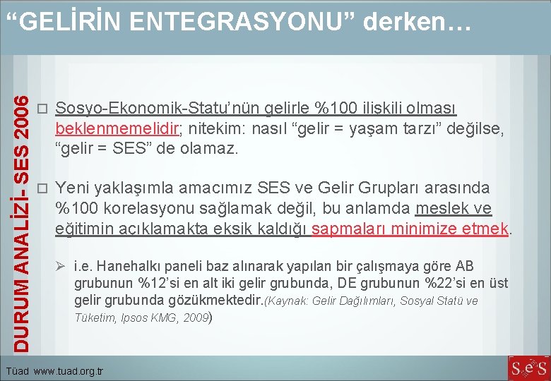 DURUM ANALİZİ- SES 2006 “GELİRİN ENTEGRASYONU” derken… Sosyo-Ekonomik-Statu’nün gelirle %100 ilişkili olması beklenmemelidir; nitekim: