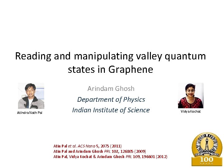 Reading and manipulating valley quantum states in Graphene Atindra Nath Pal Arindam Ghosh Department
