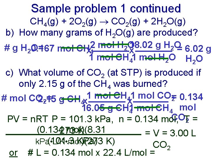 Sample problem 1 continued CH 4(g) + 2 O 2(g) CO 2(g) + 2