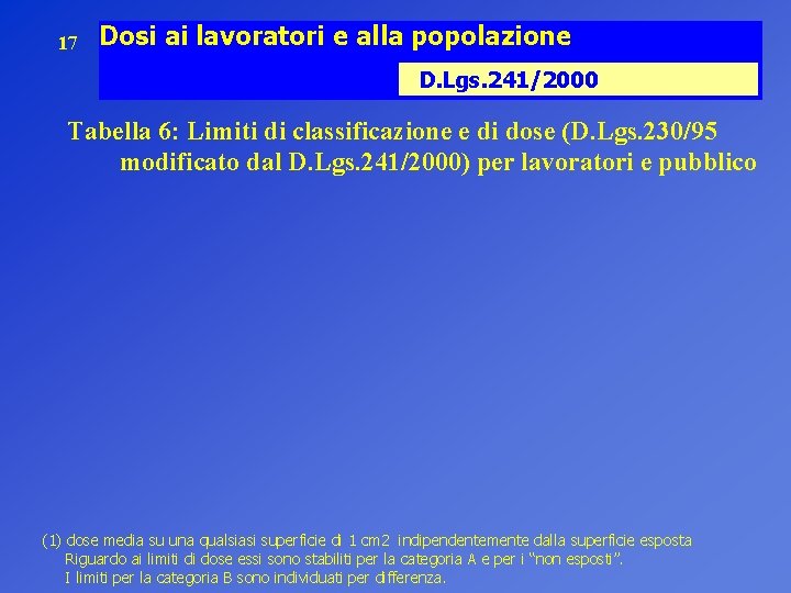 17 Dosi ai lavoratori e alla popolazione D. Lgs. 241/2000 Tabella 6: Limiti di