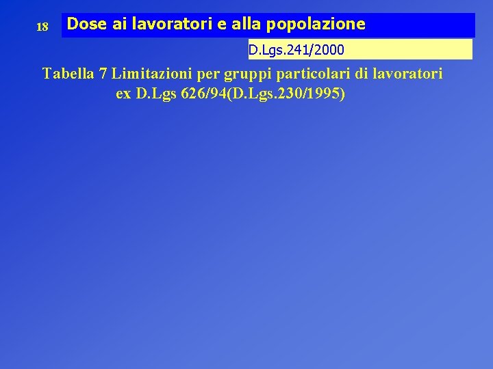 18 Dose ai lavoratori e alla popolazione D. Lgs. 241/2000 Tabella 7 Limitazioni per