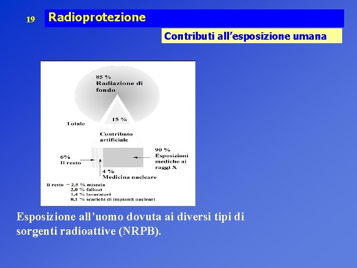 19 Radioprotezione Contributi all’esposizione umana Esposizione all’uomo dovuta ai diversi tipi di sorgenti radioattive