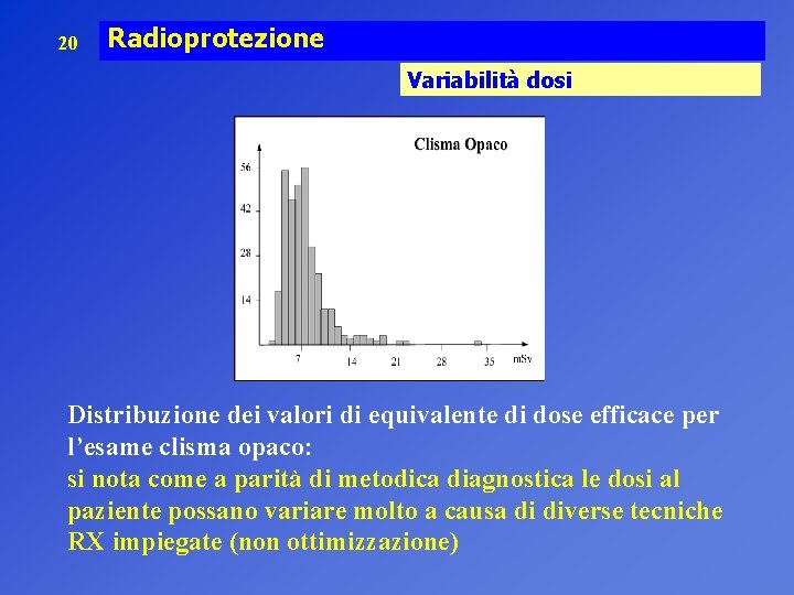 20 Radioprotezione Variabilità dosi Distribuzione dei valori di equivalente di dose efficace per l’esame